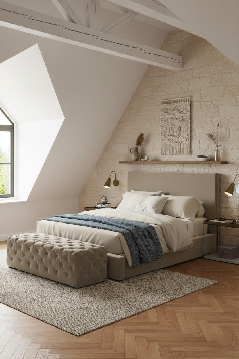 Cozy Neutral Attic Bedroom Herringbone Floors