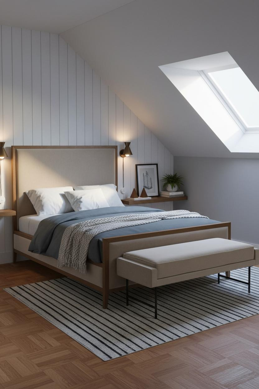 Cozy Neutral Attic Bedroom Warm Lighting