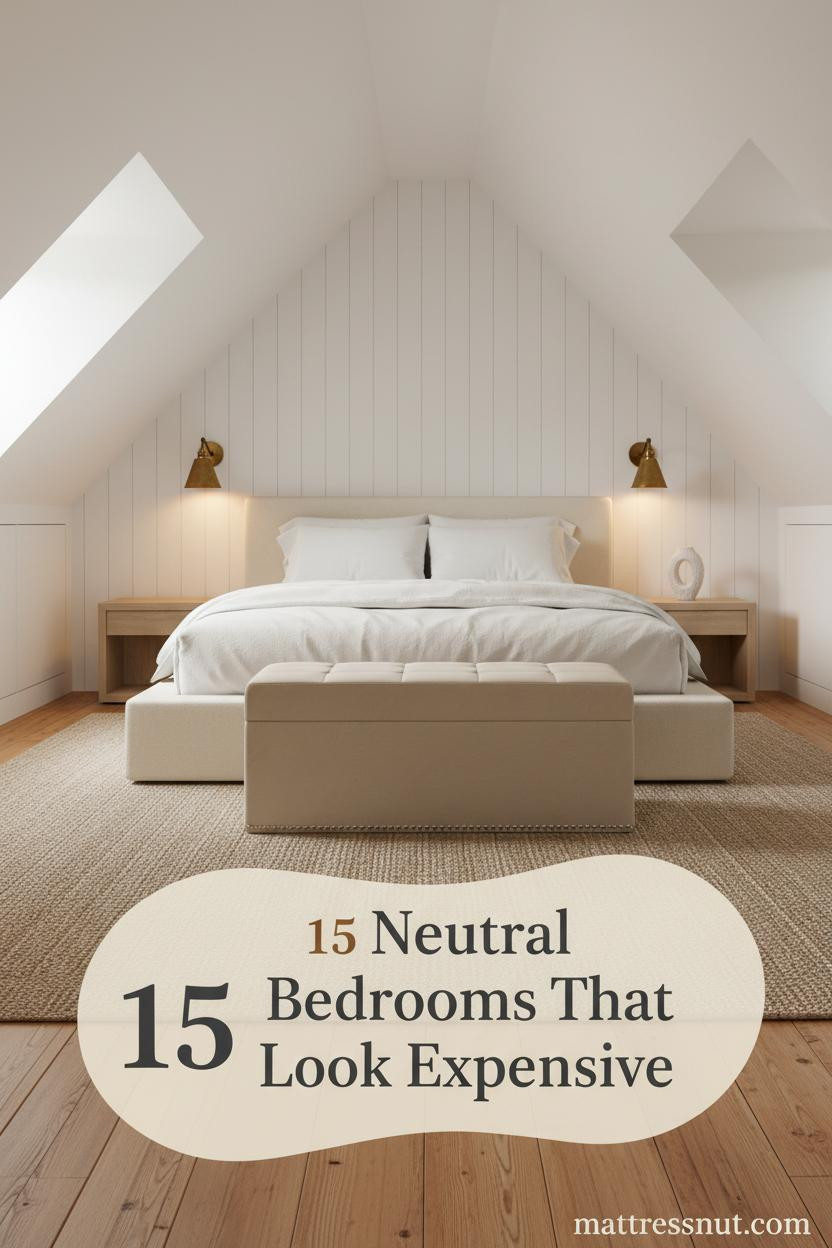 Vaulted attic bedroom with white board-and-batten walls, honey-tone plank floors, brass sconces, and ivory linen bedding on a cozy neutral bed