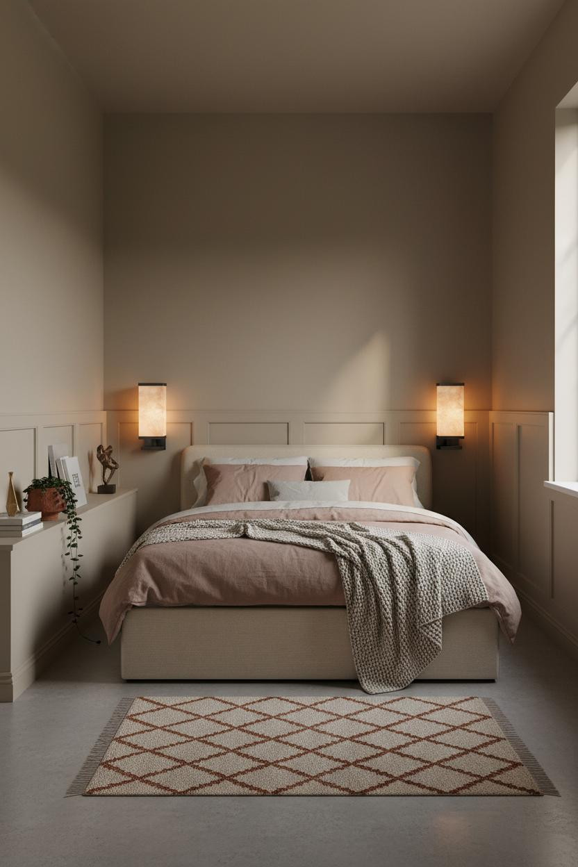 Cozy Small Bedroom Boho Wainscoting Brass