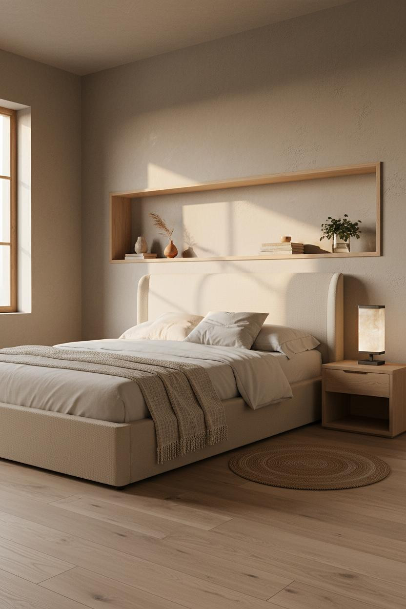 Cozy Small Bedroom Japandi Shelving