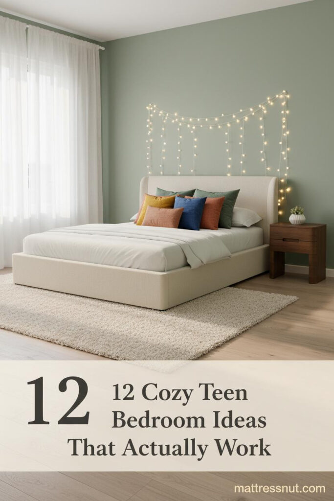 Sage green accent wall with warm fairy lights, cream chunky rug, layered colorful pillows, sheer linen curtains, and oak nightstand with ceramic planter