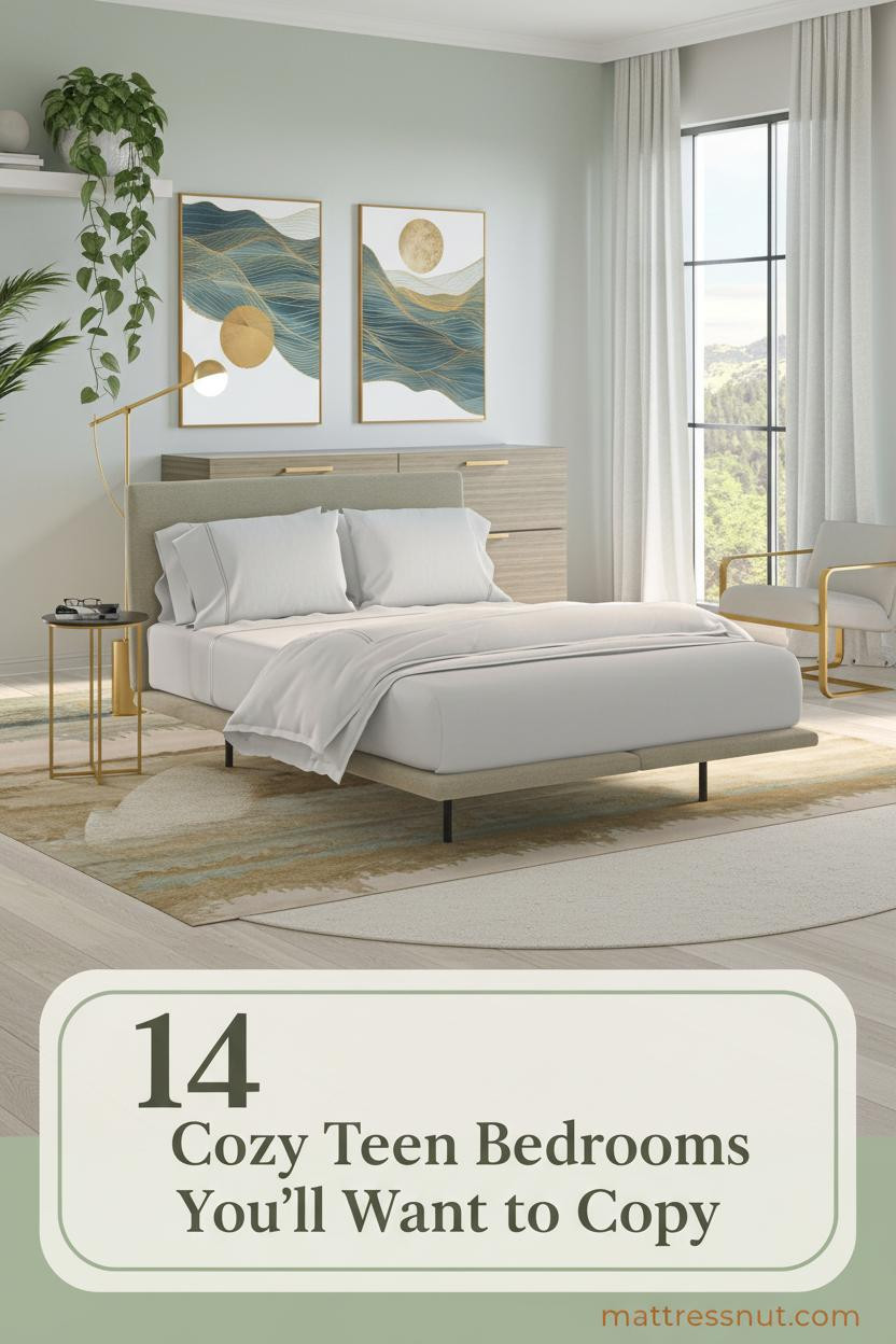 Bright airy teen bedroom with sage green walls, sheer linen curtains, honey oak floors, pothos on a floating shelf, and a cream area rug