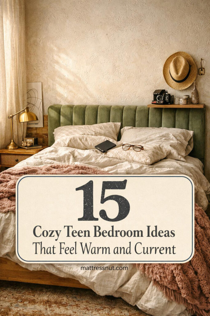 Stylish teen bedroom featuring soft bedding, string lights, study desk, wall art, and neutral tones with pops of color