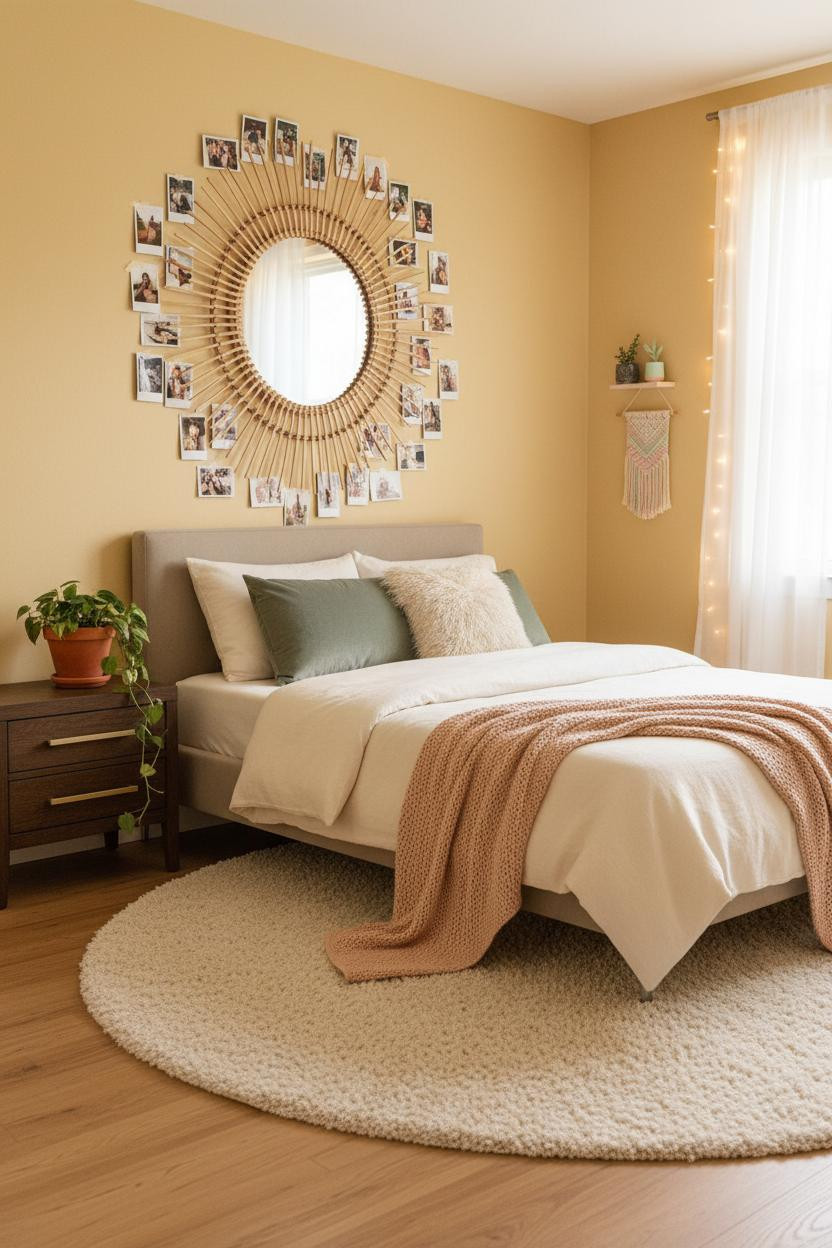 Bright, airy teen bedroom with upholstered bed frame, wooden nightstand, soft neutral bedding, warm natural light from window, minimalist decor, and clean white walls creating a calm, inviting space.