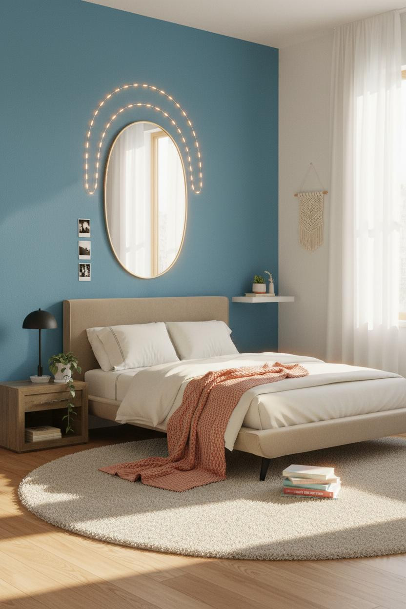 Bright, airy teen bedroom with warm wood bed frame, soft bedside lamp, cream bedding, neutral walls, and natural window light creating a calm, inviting space.