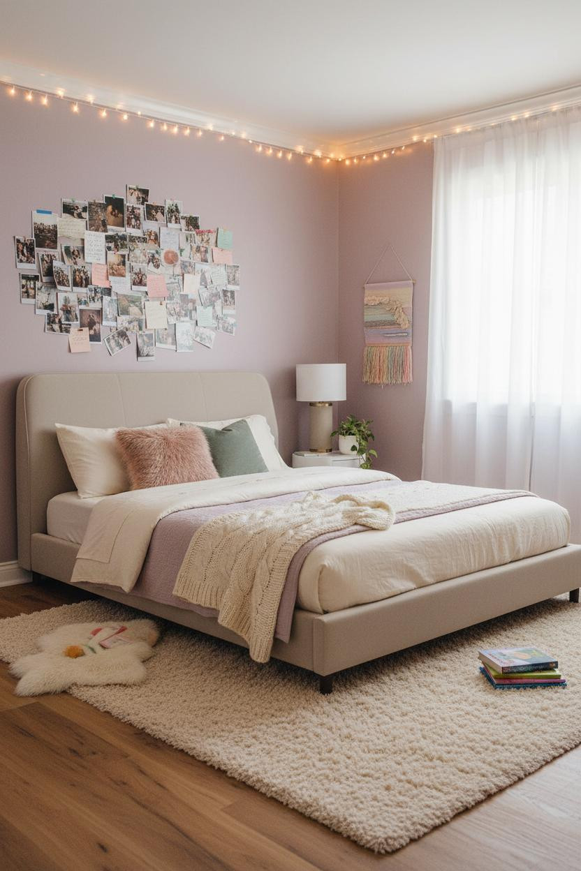 Bright teen bedroom with cream bedframe, soft bedside lamp, neutral bedding, and clean minimalist decor on white walls with natural window light.