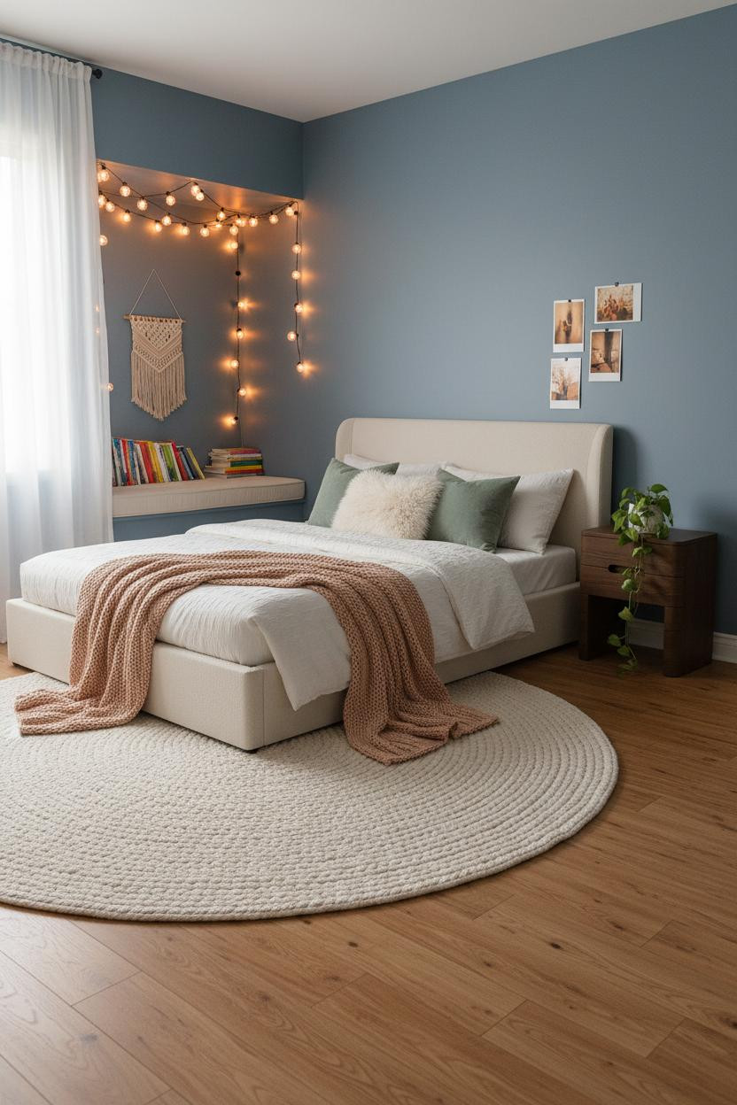 Bright, airy teen bedroom with soft cream bedding, wooden bed frame, matte brass nightstand, warm natural light from window, neutral palette, clean minimalist decor, calm aesthetic.