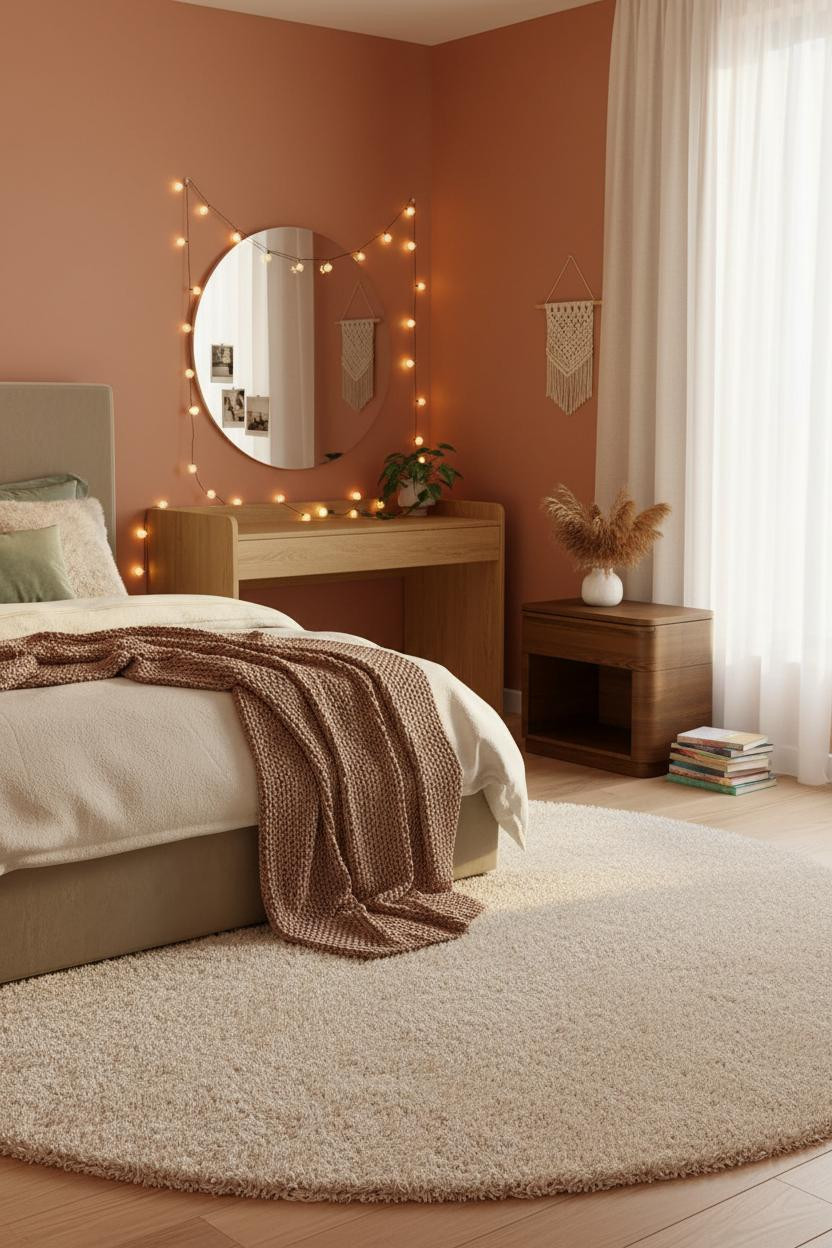 Bright, airy teen bedroom with soft neutral bedding, wooden bed frame, matte brass nightstand, warm natural light from window, cream walls, minimal decor, clean aesthetic.