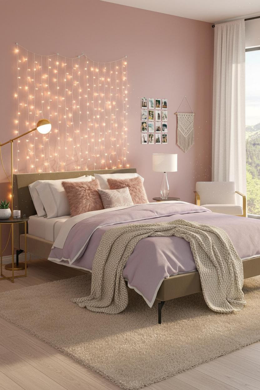 Bright, airy teen bedroom with neutral bedding, soft brass bedside lamp, light wood bed frame, cream walls, and natural window light creating a calm, minimalist aesthetic.