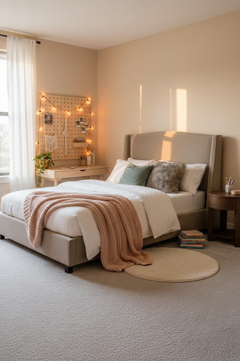 Bright, airy teen bedroom with soft natural light, cream bedding on wooden bed frame, light wood nightstand, neutral wall color, and minimal decor creating a calm, functional space.