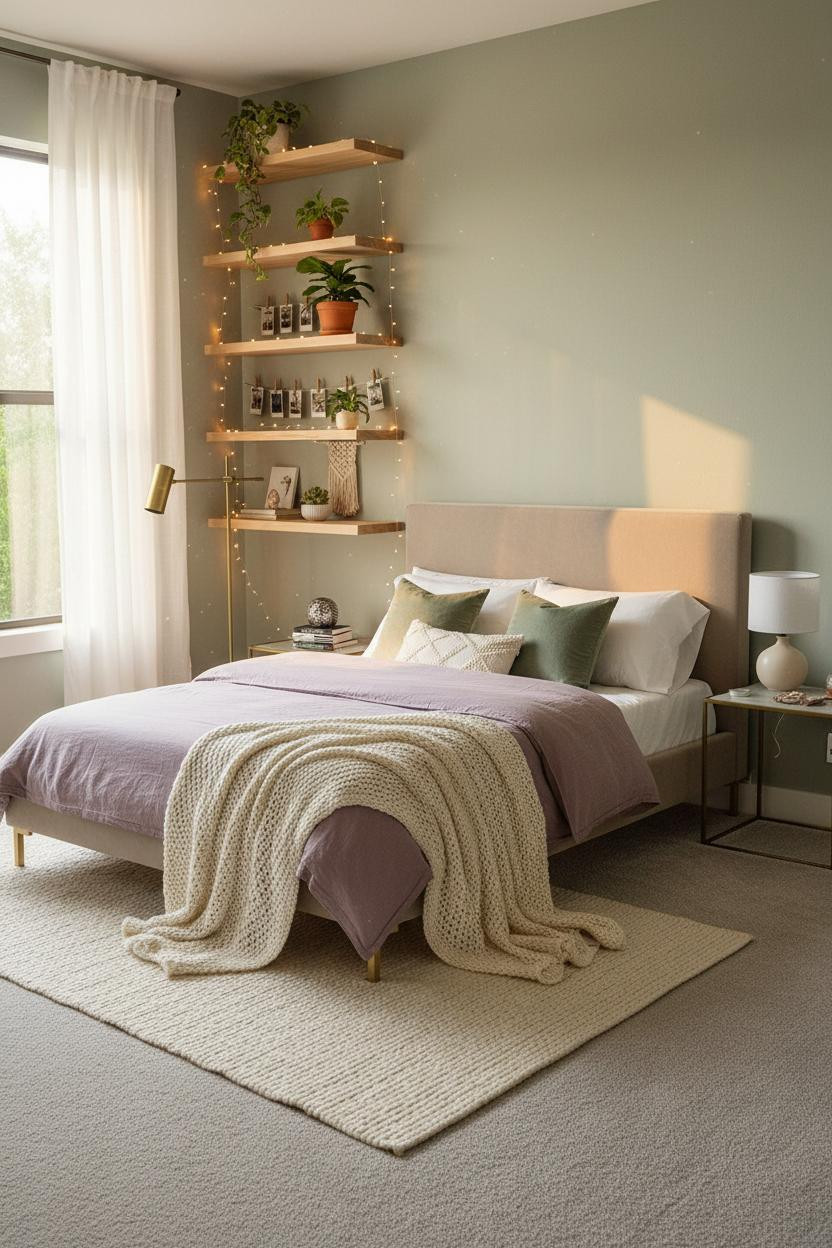 Bright, airy teen bedroom with neutral bedding, soft brass bedside lamp, light wood bed frame, cream walls, and natural window light creating a calm, minimalist aesthetic.