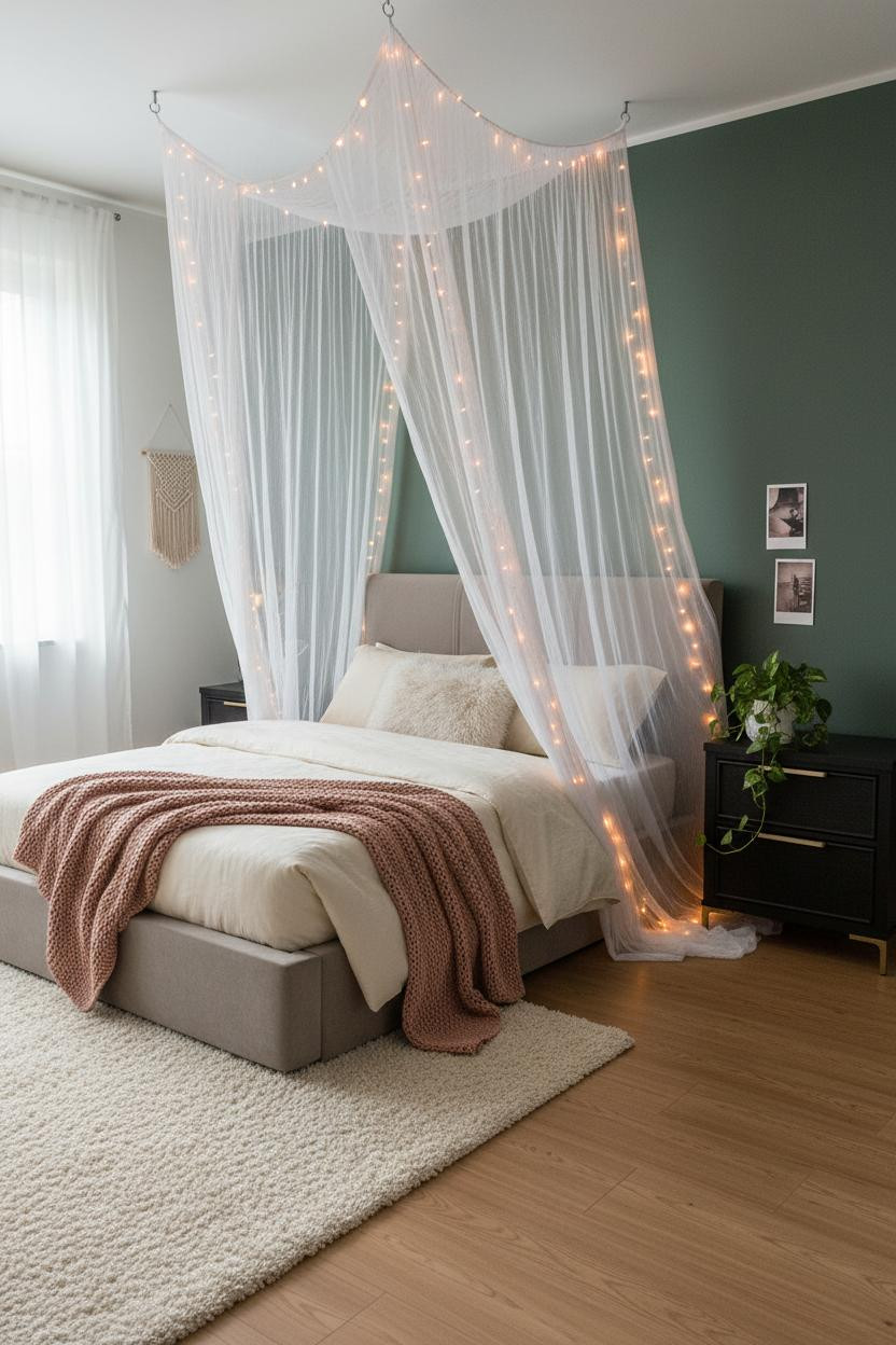 Bright, airy teen bedroom with soft natural light, cream bedding on modern bed frame, black nightstand, warm wood flooring, and neutral wall decor creating a calm, inviting space.