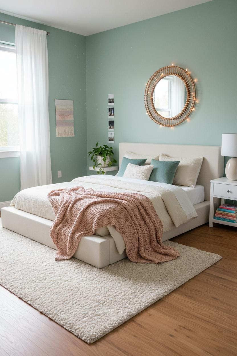 Bright, airy teen bedroom with neutral bedding, soft natural light from window, modern bedside lamp on wooden nightstand, cream walls, and minimalist decor creating a calm, functional space.