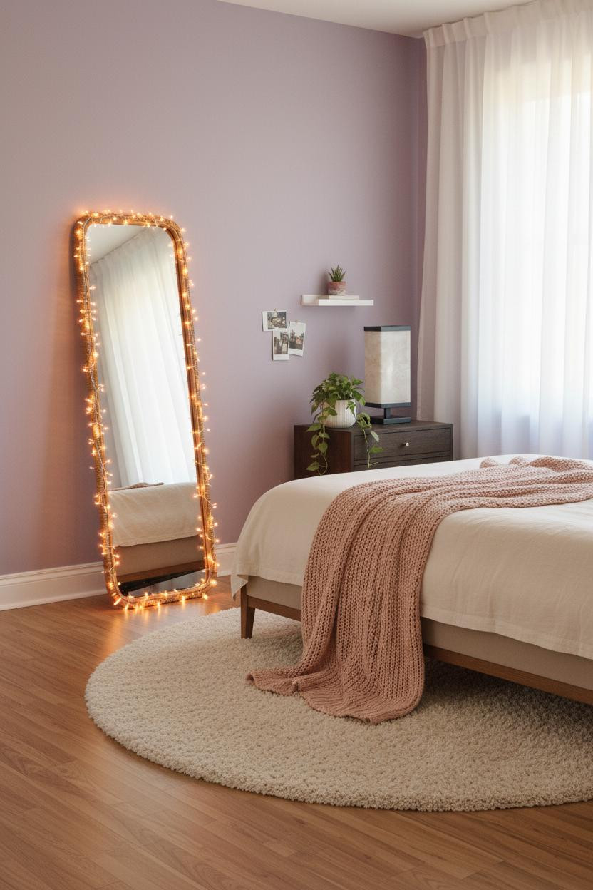 Bright, airy teen bedroom with neutral bedding, soft wood bed frame, warm bedside lamp on nightstand, cream walls, natural window light, minimalist decor, small room layout with calm aesthetic.
