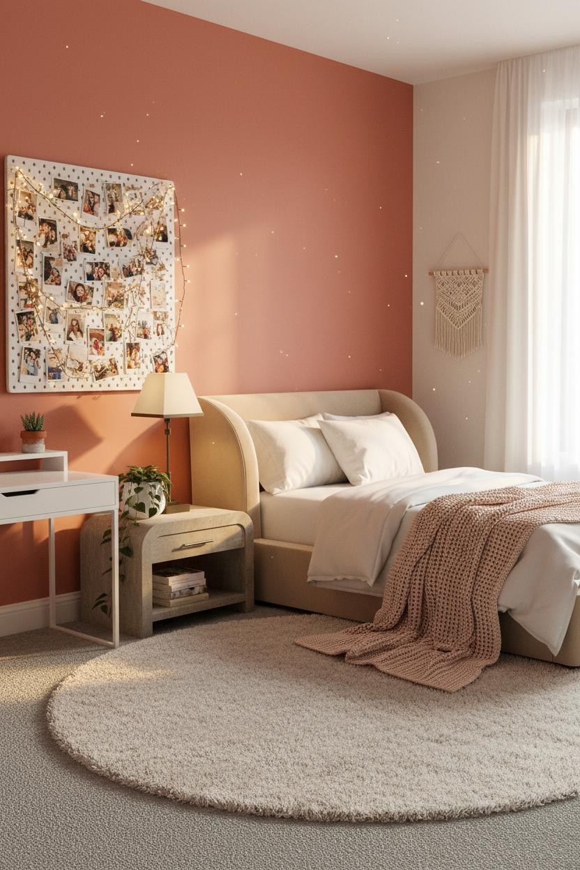 Bright, airy teen bedroom with soft neutral bedding, warm wood bed frame, matte brass bedside lamp, cream walls, natural window light, and minimal decor creating a calm, inviting space.