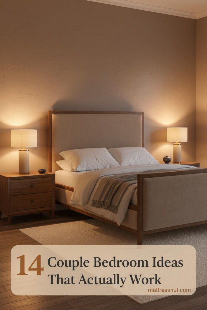 Romantic couple bedroom with warm taupe plaster wall, cream linen bedding, walnut nightstands, amber lamp lighting, and cozy layered textures