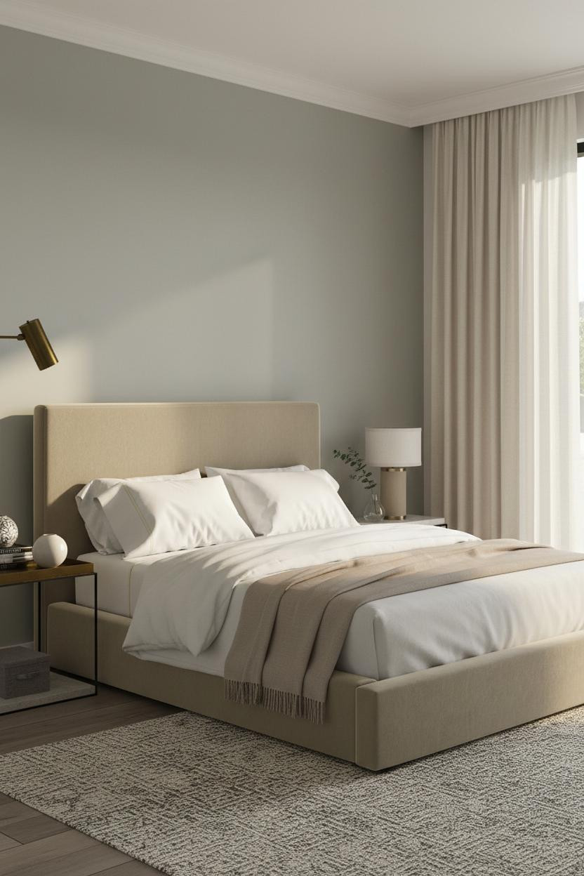 Warm bedroom with couple cuddling on bed, soft bedside lamp casting gentle light, neutral bedding, intimate lighting, cozy romantic atmosphere for two.