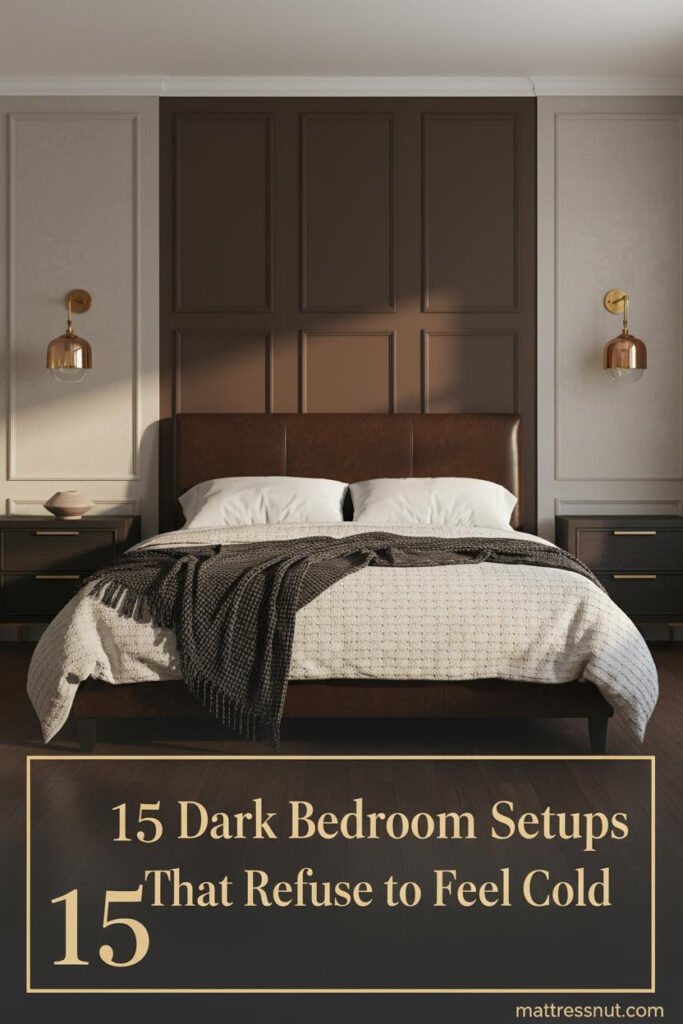 Espresso board-and-batten accent wall bedroom with ivory boucle bedding, dark walnut floors, amber sconces, and charcoal throw