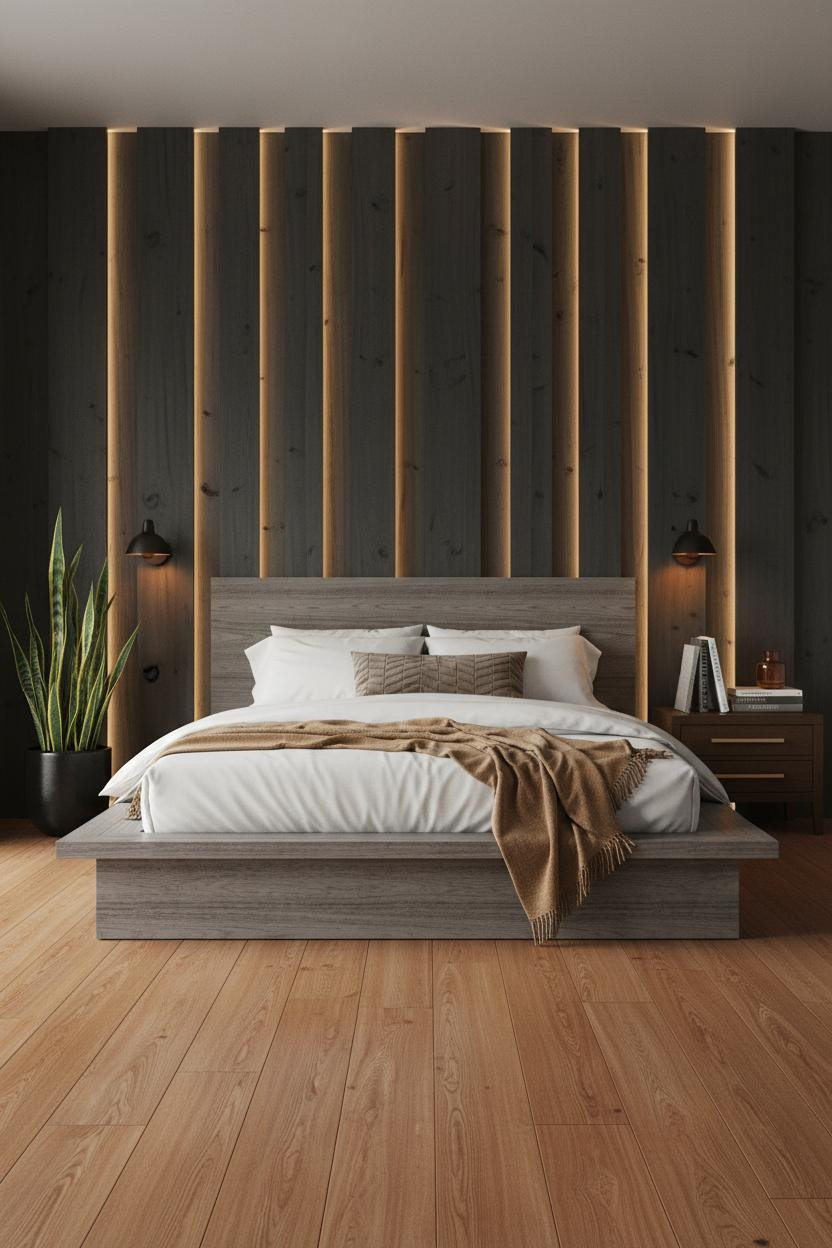 Dark Bedframe Bedroom Charcoal Wood Panel