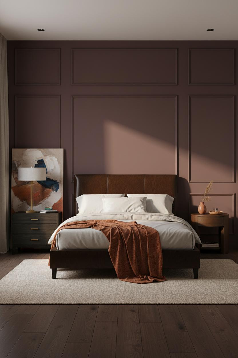 Dark Bedframe Bedroom Plum Paneling Geometric