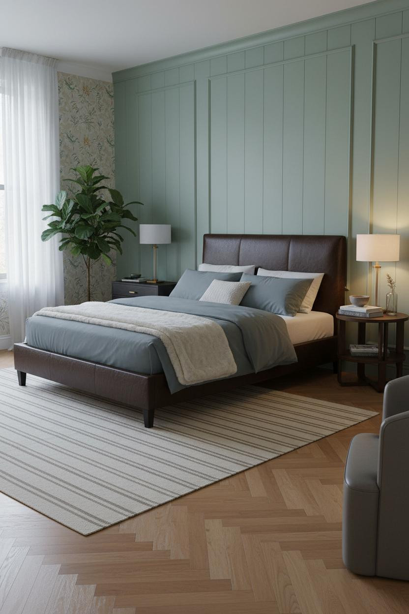 Dark Bedframe Bedroom Sage Green Shiplap