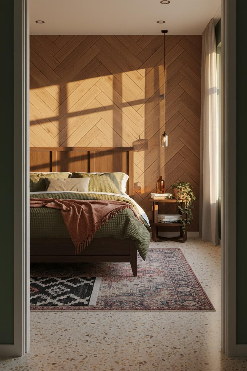 Dark Bedframe Bedroom Walnut Paneling