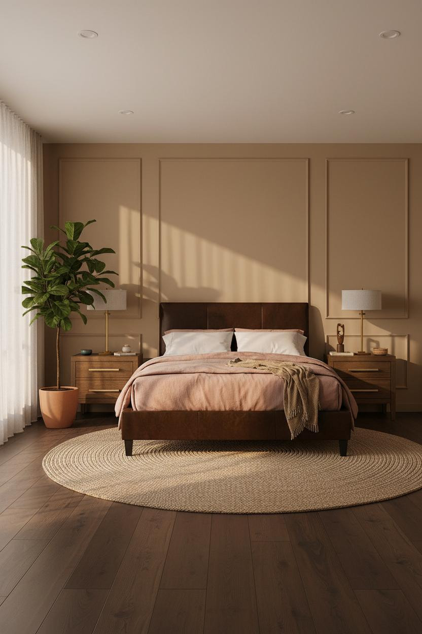 Dark Bedframe Japandi Bedroom Clay Wainscoting