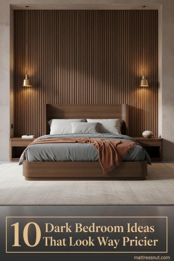 Floor-to-ceiling slatted dark walnut headboard bedroom with slate bedding, rust linen throw, brass sconces, and chunky cream wool rug on polished concrete floor