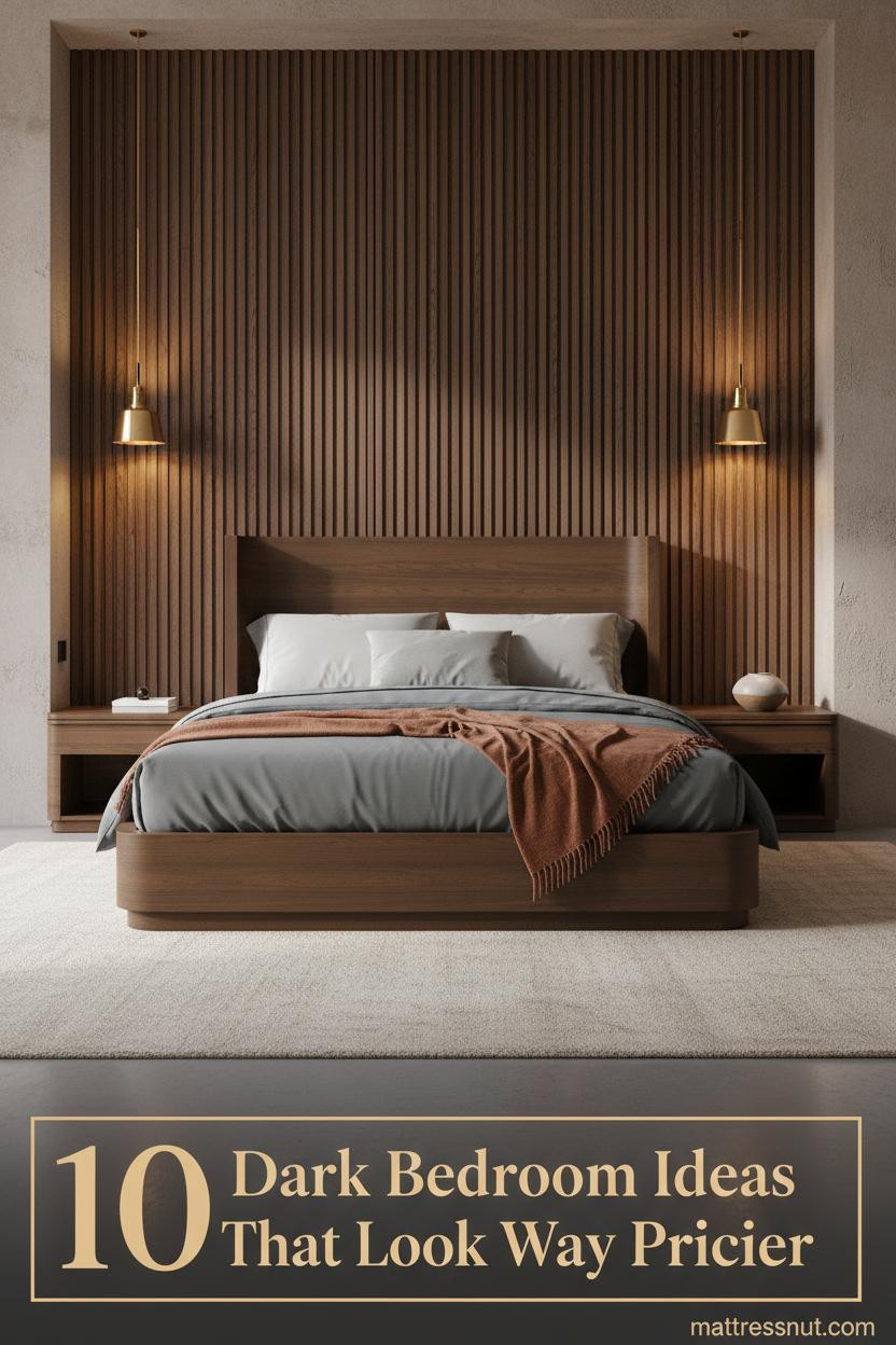 Floor-to-ceiling slatted dark walnut headboard bedroom with slate bedding, rust linen throw, brass sconces, and chunky cream wool rug on polished concrete floor