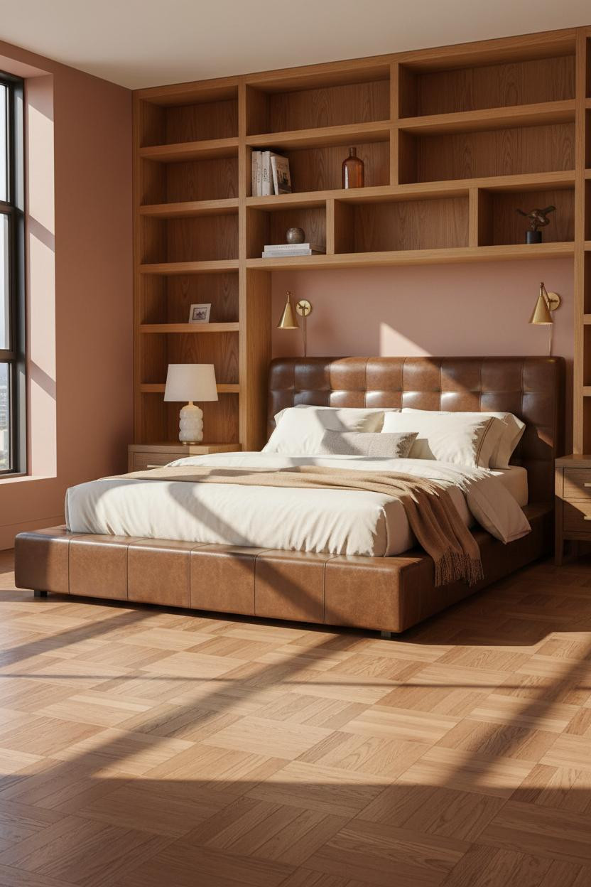 Dark Brown Bed Frame MCM Bedroom Oak Shelving