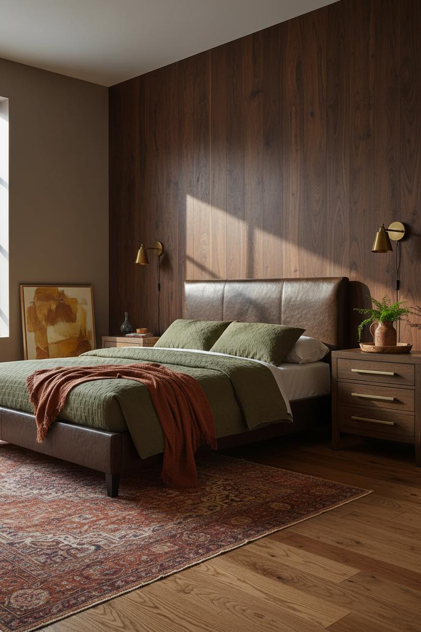 Dark Brown Bed Frame Walnut Accent Wall