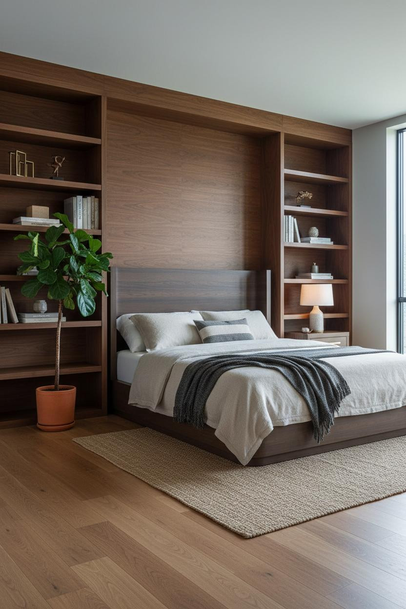 Dark Brown Bed Frame Walnut Shelving Bedroom