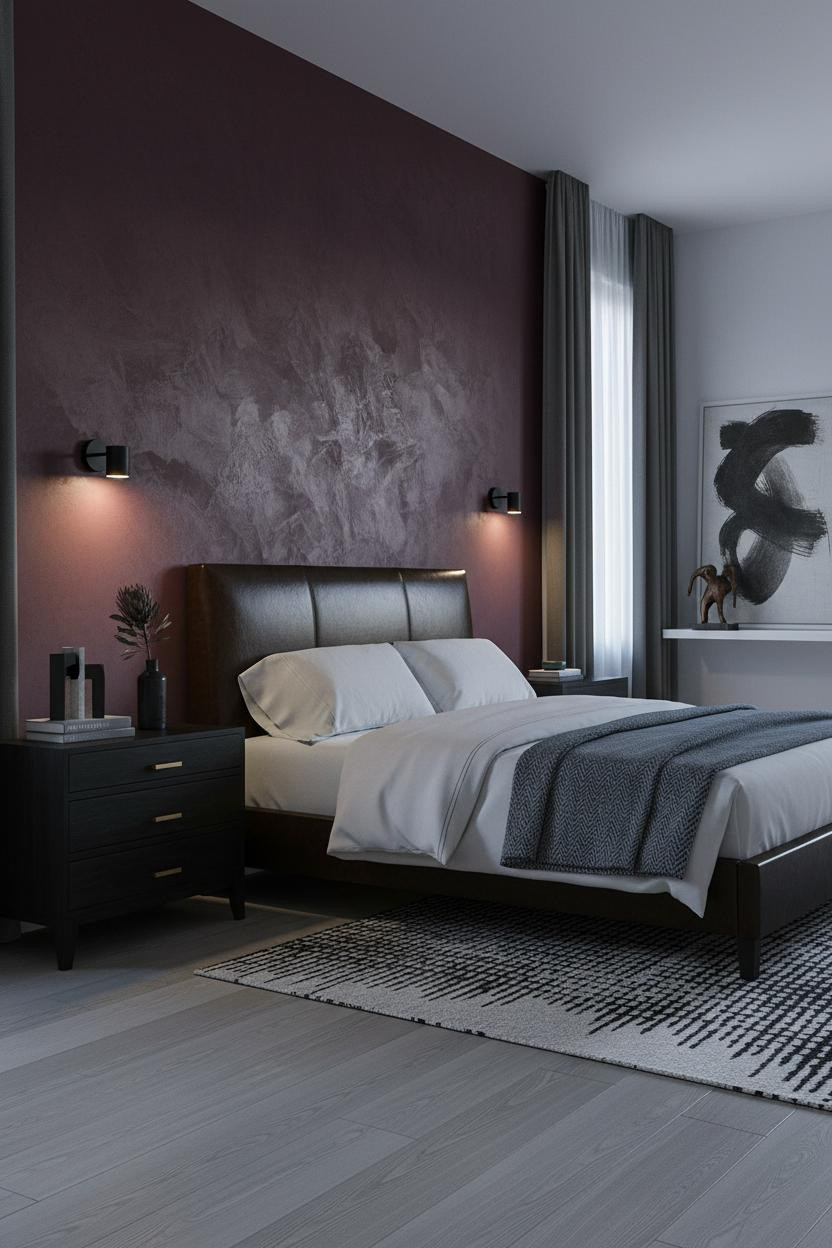Dark Cozy Bedroom Burgundy Plaster Headwall