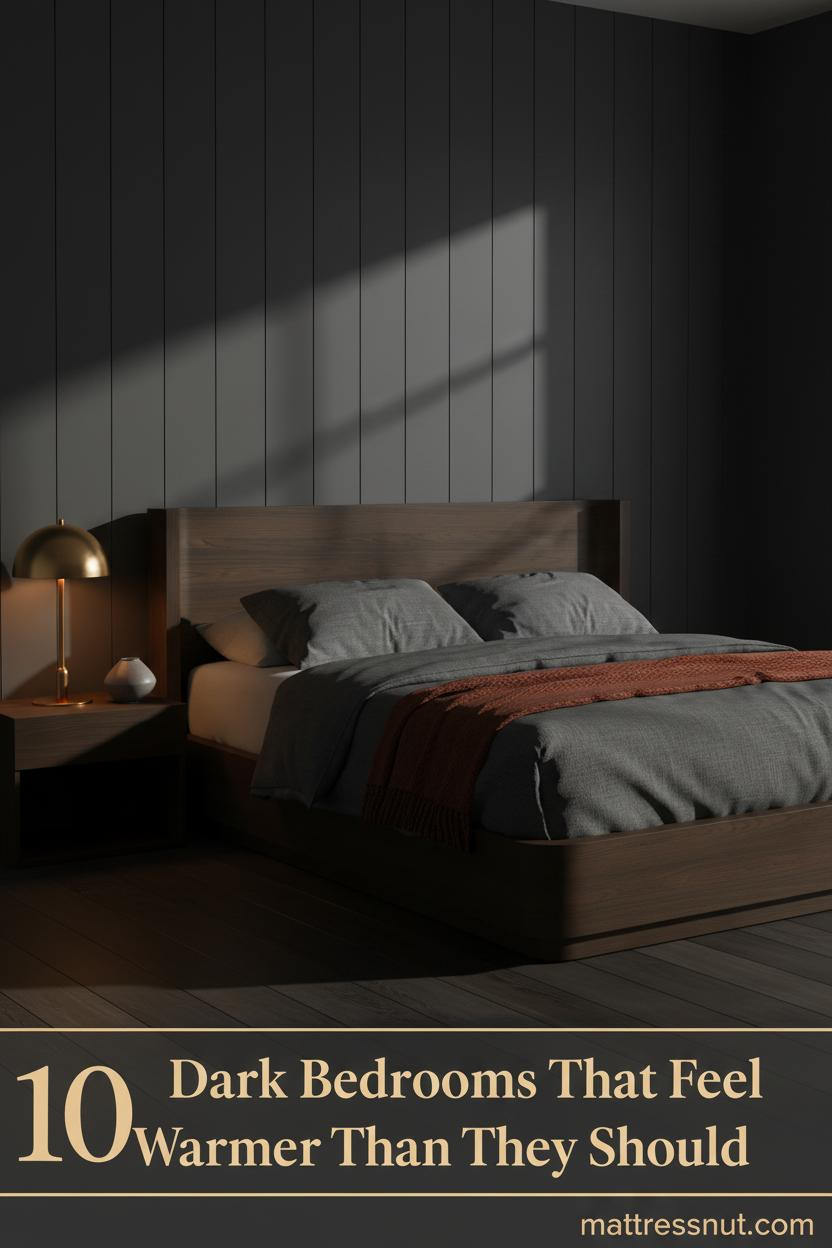 Dark cozy bedroom with charcoal board-and-batten headboard wall, rust mohair throw, amber brass lamp casting warm shadow pools