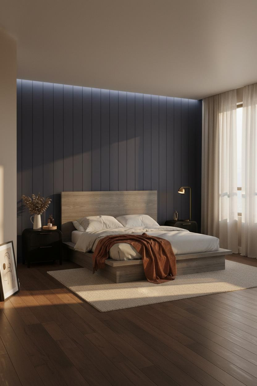 Dark Cozy Bedroom Indigo Shiplap Brass