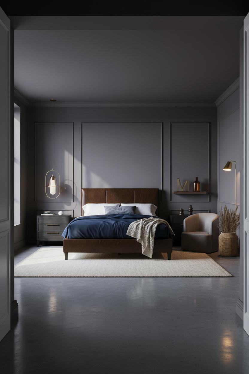 Dark Cozy Bedroom Wainscoting Lamp