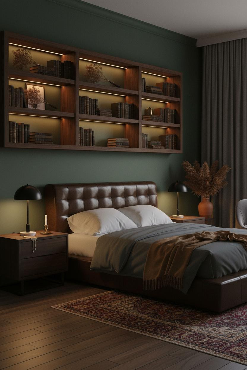 Dark Cozy Bedroom Walnut Shelving Lamp