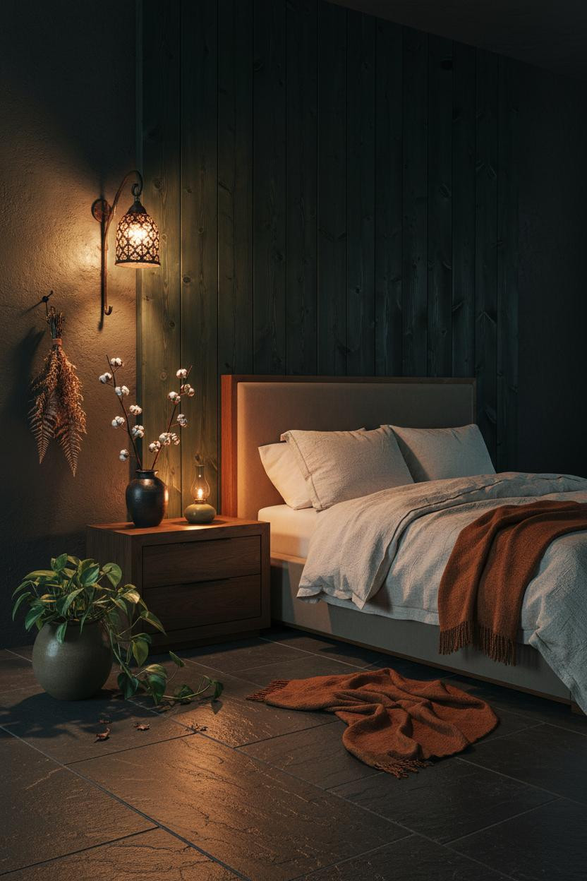 Dark earthy bedroom with moody neutral palette, warm wood bed frame, natural stone nightstand, soft linen bedding, and ambient window lighting creating cozy bohemian atmosphere.