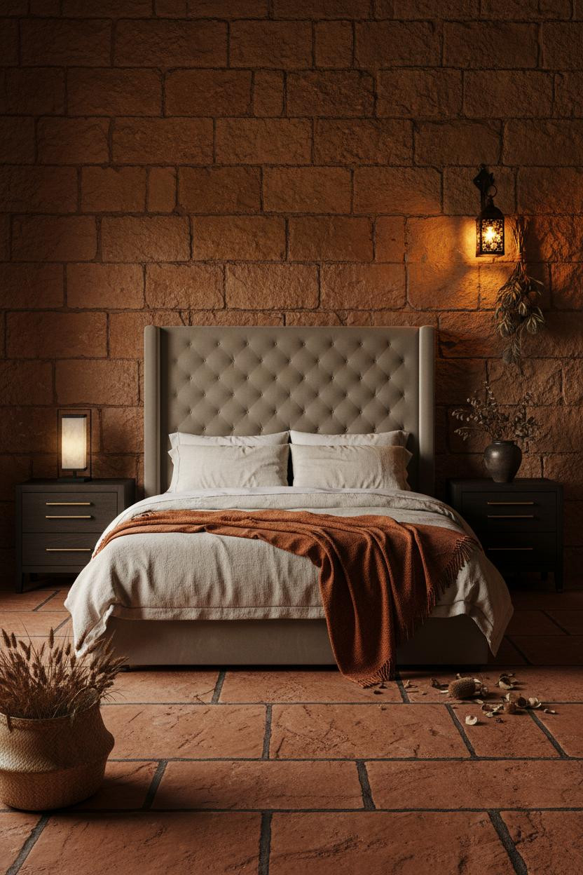 Dark earthy bedroom with wooden bedframe, warm beige bedding, soft brass bedside lamp, muted green accent wall, natural wood nightstand, and bright window light creating cozy moody aesthetic.