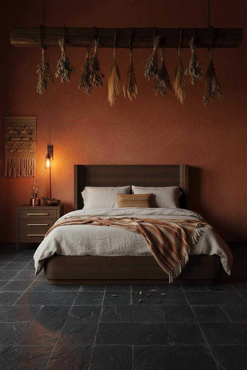 Dark earthy bedroom with moody neutral tones, wooden bed frame, warm lighting, natural textures, and bohemian cottagecore aesthetic throughout the space.