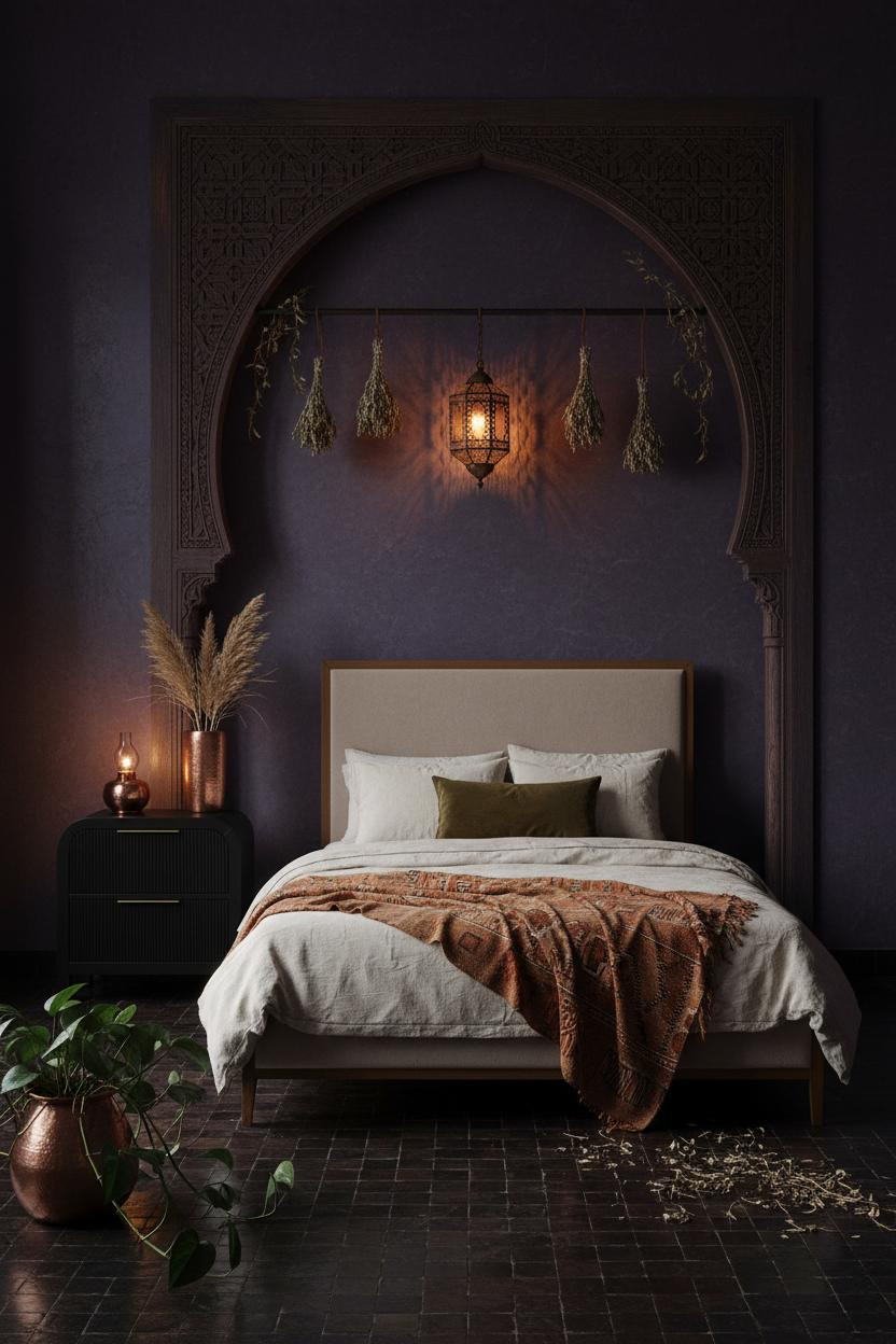 Dark earthy bedroom with warm neutral bedding, wooden nightstand, soft natural lighting from window, layered textures, and cozy bohemian aesthetic with muted earth tones throughout.