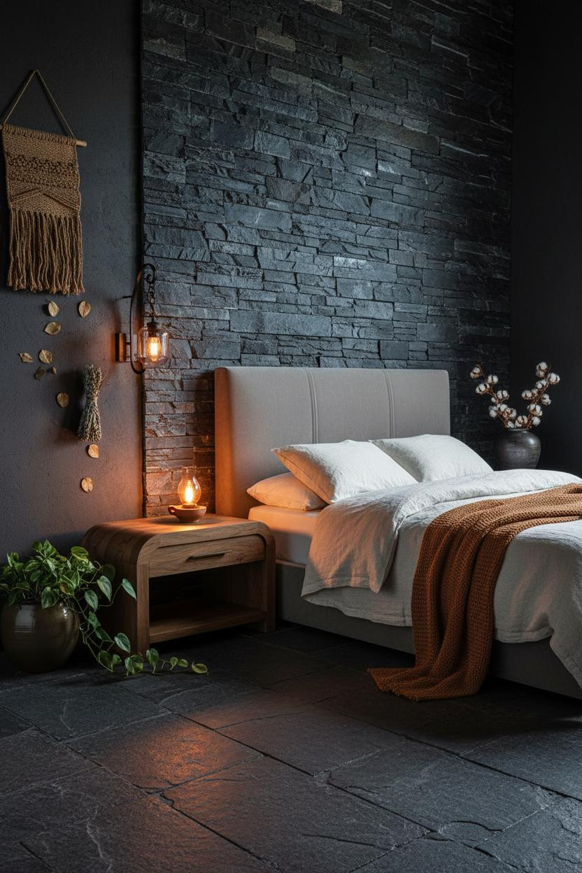 Dark earthy bedroom with moody neutral tones, natural wood bed frame, warm lighting, and bohemian cottagecore aesthetic with soft textures and earthy materials.