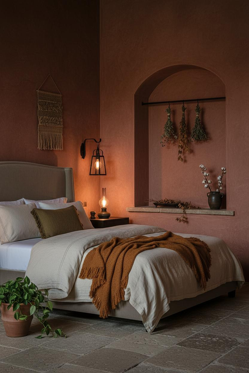 Dark earthy bedroom with warm neutral walls, natural wood bed frame, dark bedding, wooden nightstand, soft warm lighting, and bohemian cottagecore decor creating a cozy moody aesthetic.