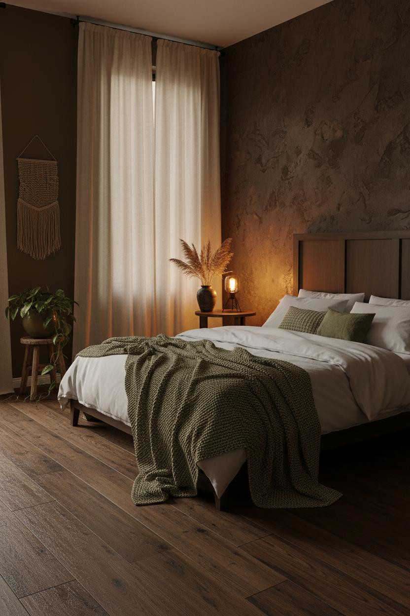 Dark earthy bedroom with warm neutral palette, wooden bed frame, natural wood nightstand, soft layered bedding, and muted earth-tone wall color creating a cozy cottagecore aesthetic.