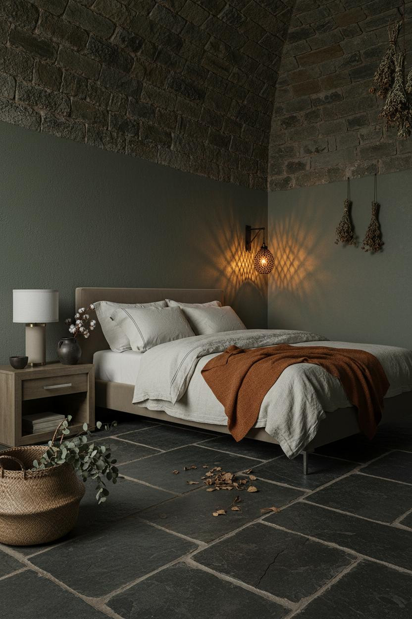 Dark earthy bedroom with moody cottagecore aesthetic, featuring warm neutral walls, natural wood bed frame, soft bedside lamp, and layered textures in cream and sage tones.