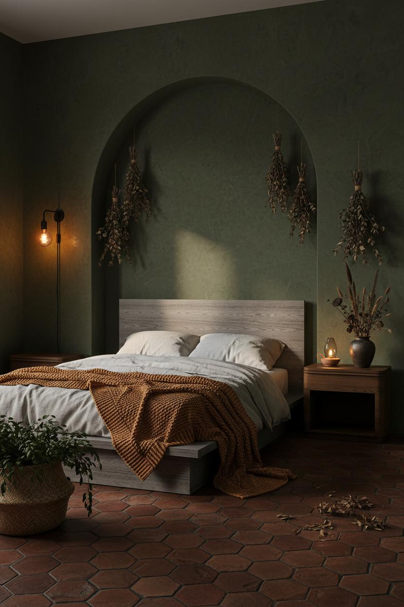 Dark earthy bedroom with moody warm neutral palette, natural wood bed frame, matching nightstand, soft layered bedding, and ambient lighting creating cozy cottagecore aesthetic.