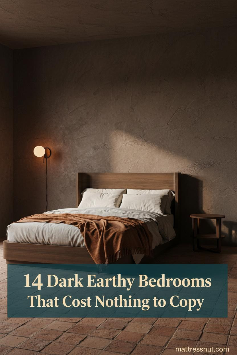 Dark earthy bedroom with umber clay plaster walls, low wood bed frame, cream linen bedding, rust wool throw, and amber iron sconce lighting