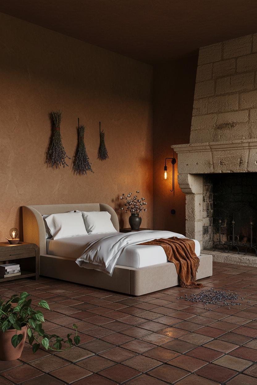 Dark earthy bedroom with moody neutral palette, wooden bed frame, warm lighting from bedside table, layered textiles, and natural materials creating a cozy bohemian atmosphere.