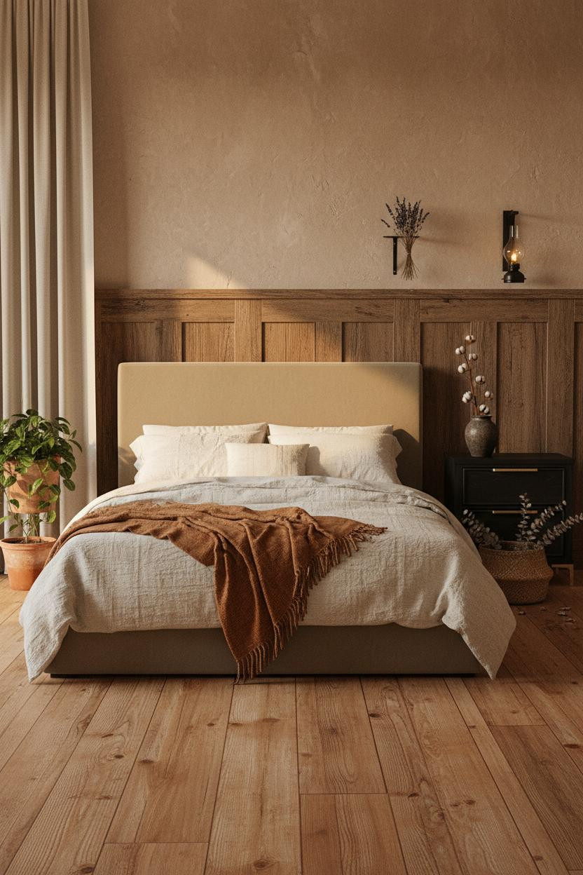 Dark earthy bedroom with moody neutral palette, warm wood bed frame, black nightstand, soft layered bedding, natural textures, and ambient lighting creating cozy bohemian aesthetic.